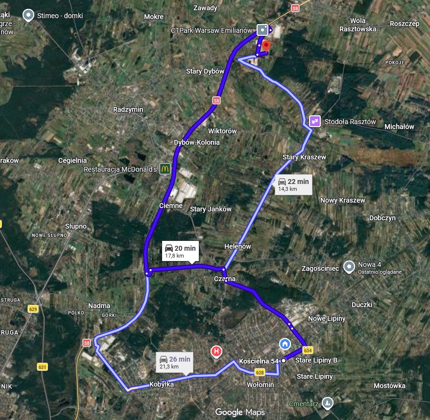 Mapa dojazdu na salę weselną - zaznaczona najlepsza trasa z kościoła