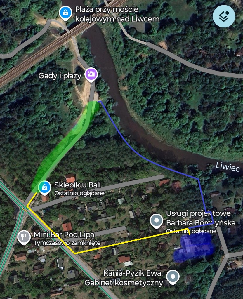 Mapa tras do poprawin - zielony parking, niebieski teren poprawin, żółta ścieżka prosta, niebieska ścieżka widokowa